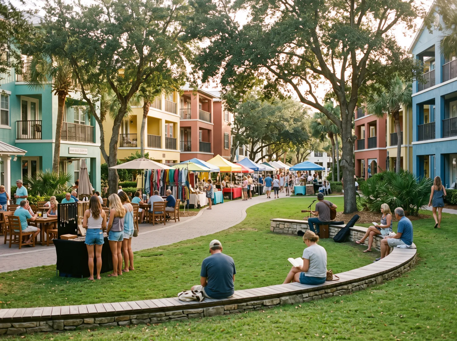 Low amphitheater lawn under live oaks at a small coastal town center near the beach